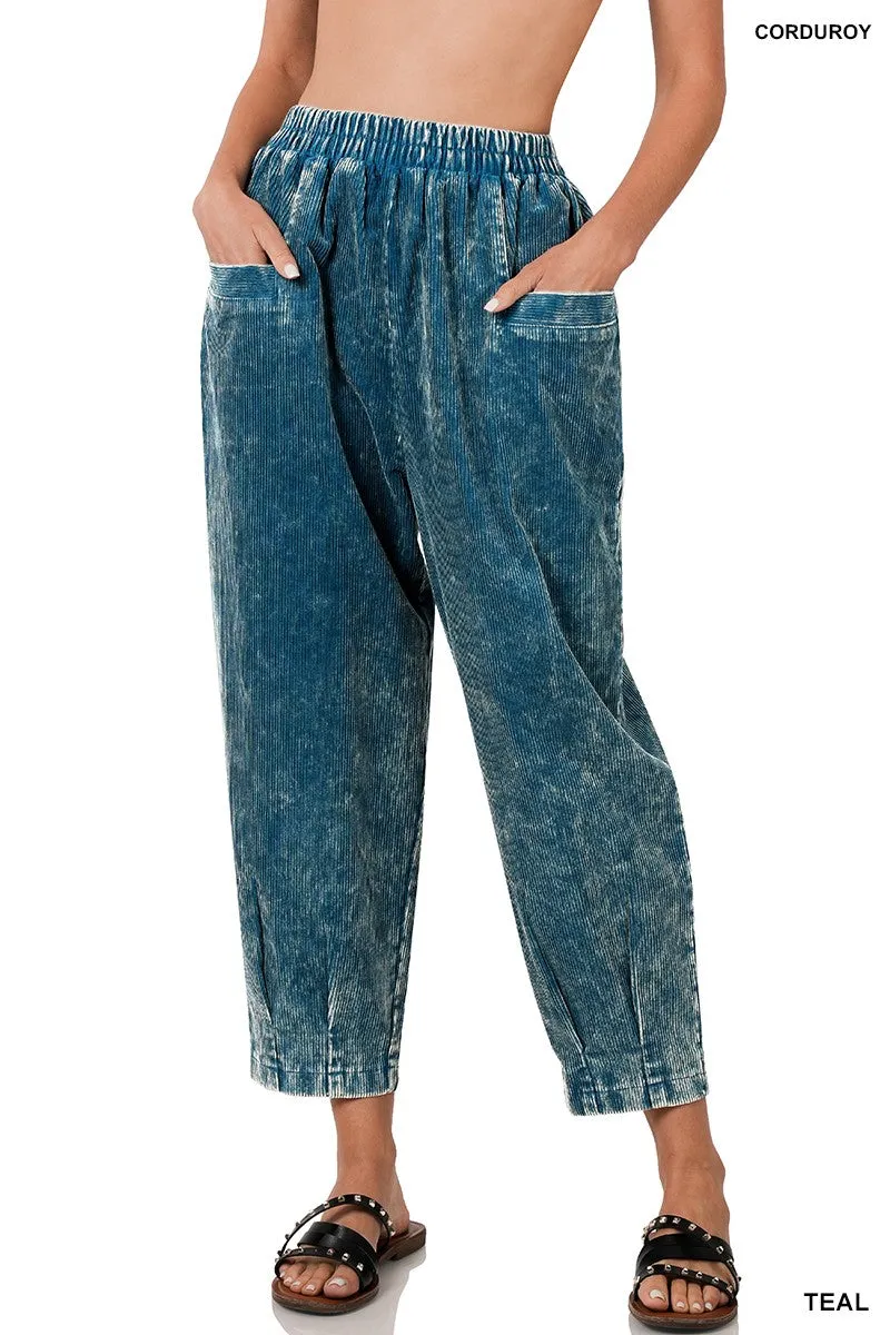 Teal Mineral Wash Corduroy Cropped Pants